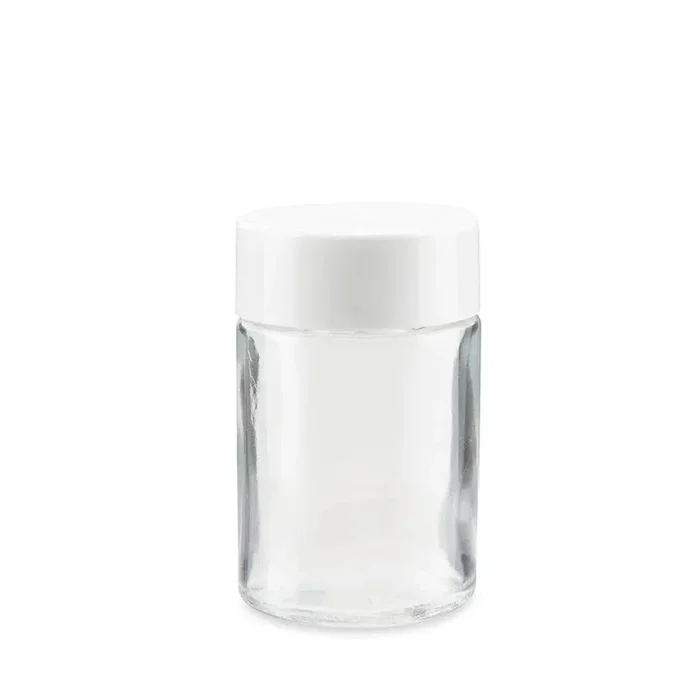 67mm Clear Glass Blunt Jar w/ Plastic Child Proof White Cap – (216 – 8,640 Count)