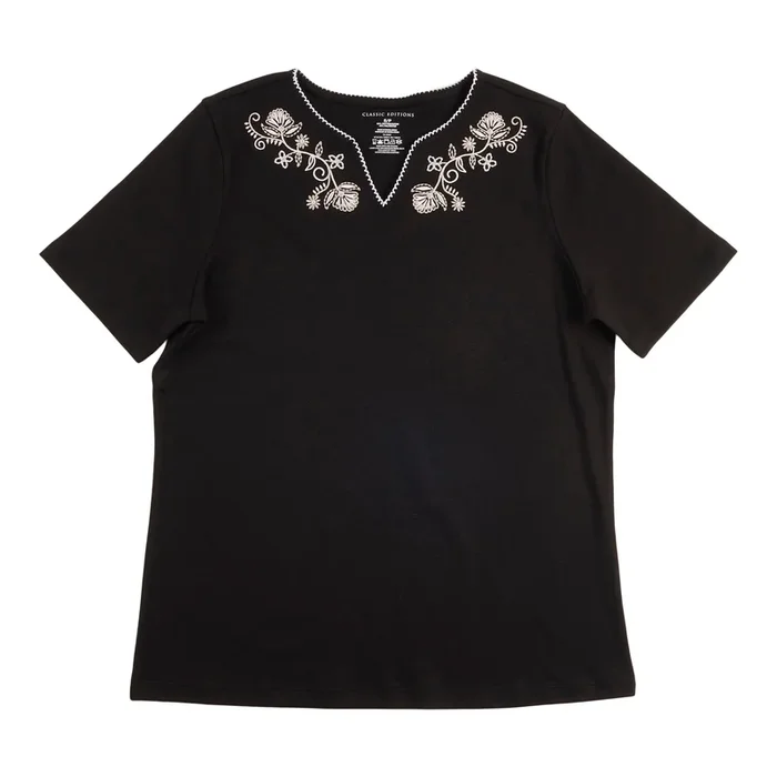 Classic Editions Women’s Summer Look Short Sleeve Top with Neck Embroidery