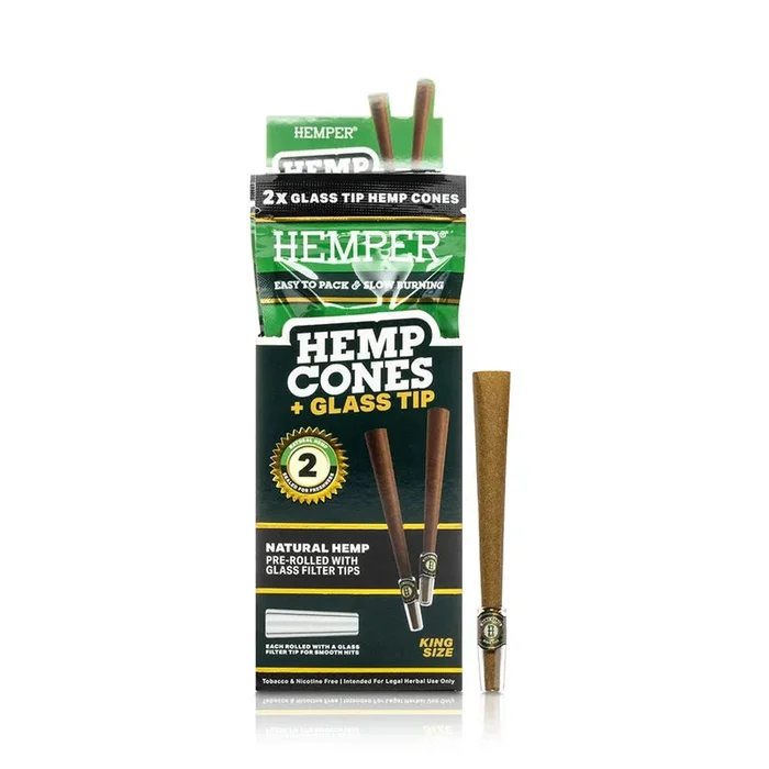 Hemper 109mm King Size Hemp Cones + Glass Tip – 2 Per Pack – (12 Packs Per Display)