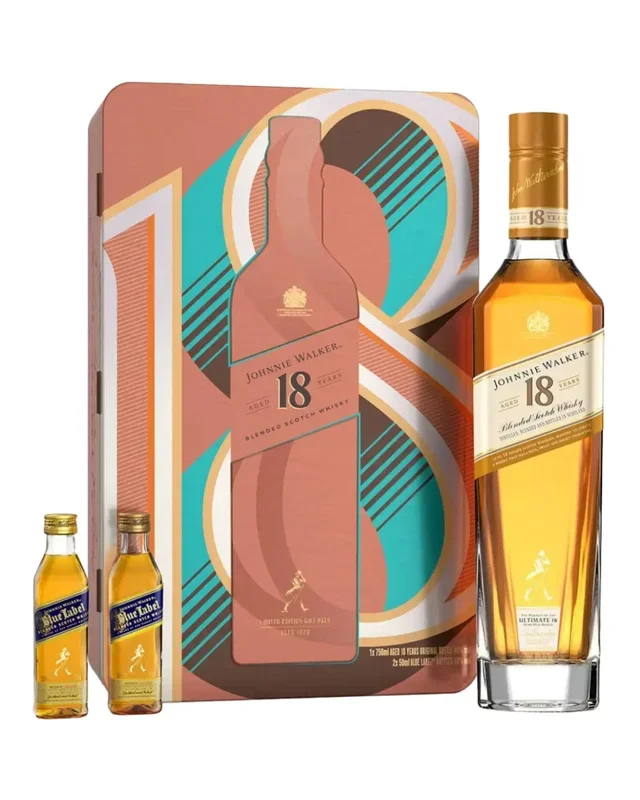 Johnnie Walker 18 Year Old Blended Scotch Whisky Tin with 2 Blue label 5 cl Gift Set