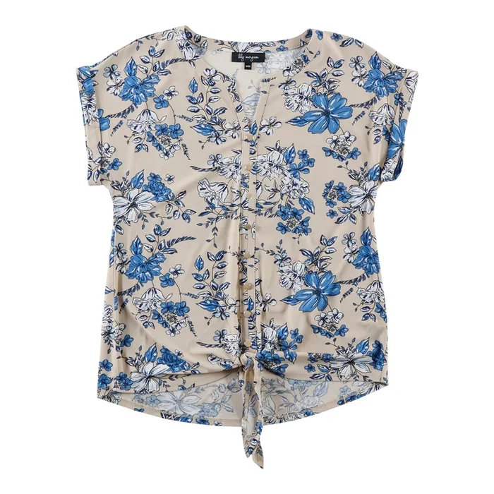lily morgan Women’s All-Over Printed Short Sleeve Blouse with Front Tie