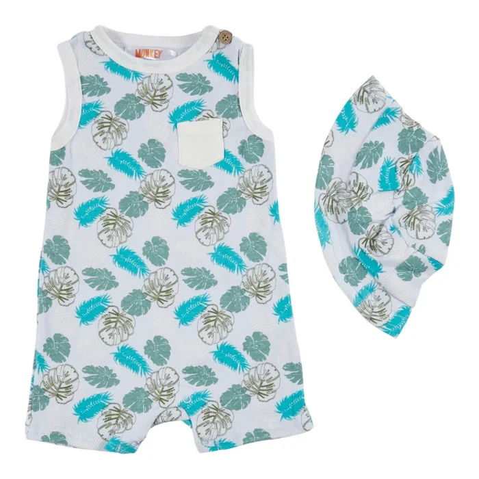 MONKEY BARS Infant Boys’ Beach Party Romper Set with Hat, 0-9M, 2-Piece