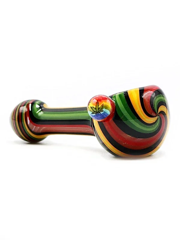 Vulcan Glass Art – 4″ Rasta Line Design with Leaf Mille Hand Pipe Spoon